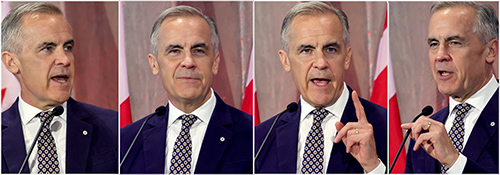 4-image views of Prime Minister Mark Carney delivering speech